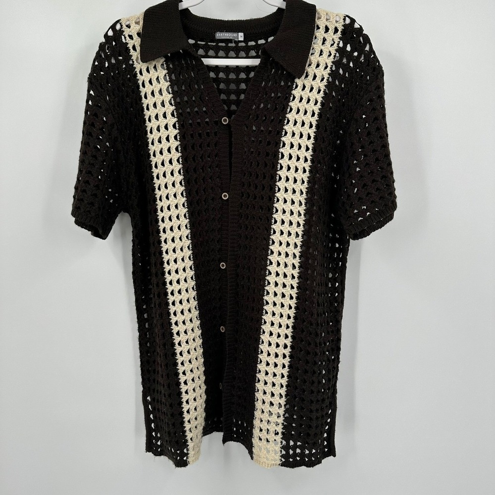 Mens Crochet Mesh Polo Shirt Size M Festival Hippe Coastal Beachy Earthy Artisan